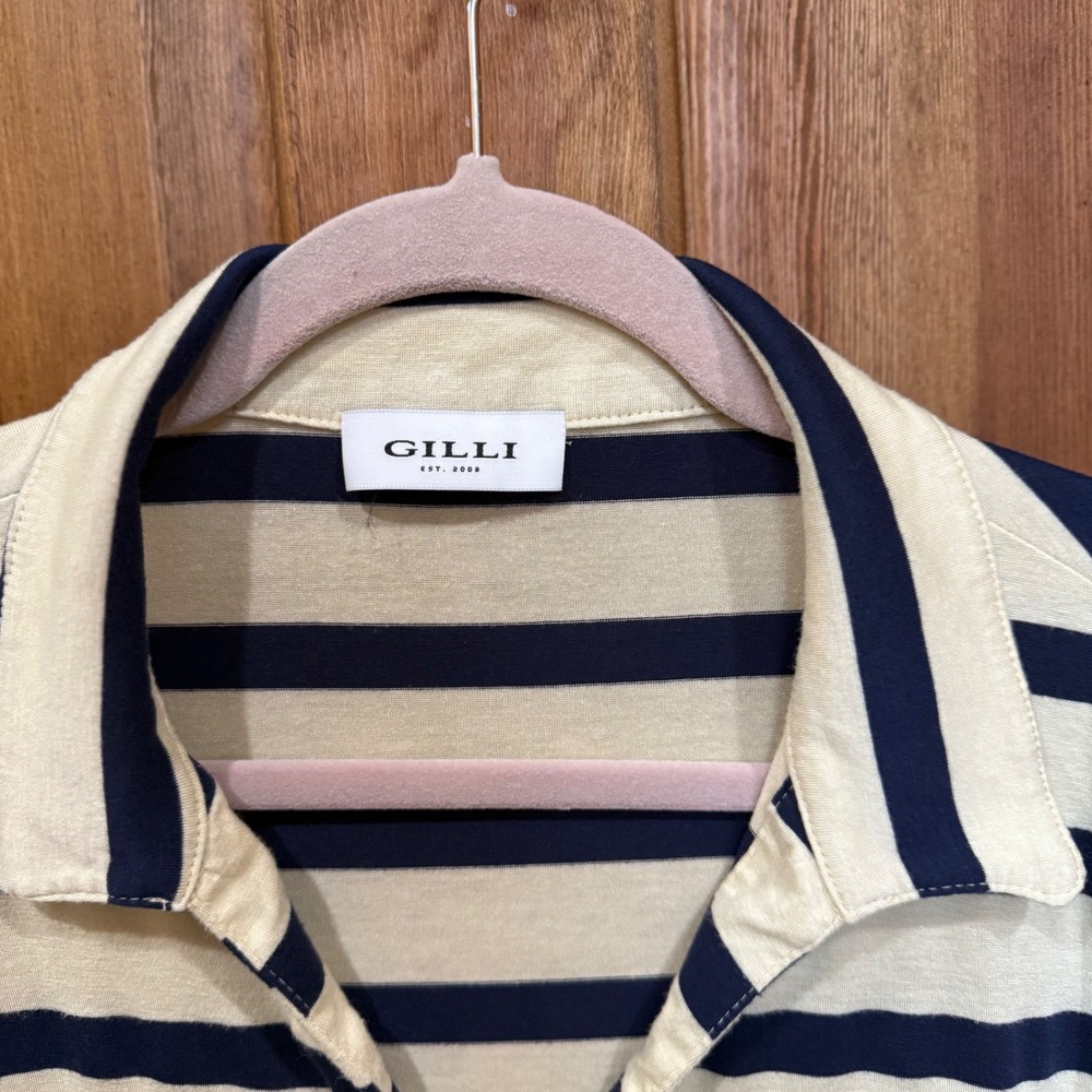 Gilli Striped Polo Shirt Womens Tan Navy Short Sleeve V Neck‎ Casual Size M - Picture 3 of 5